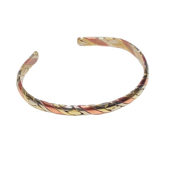 VTG Tri Color Geo CUFF BRACELET Copper Silver Gold Brass 6” to 8”" Adjustable - Picture 2 of 2